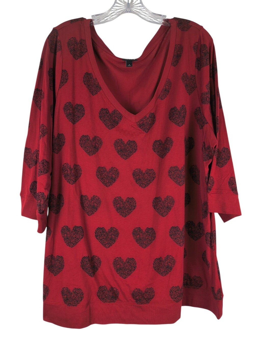Torrid Shirt Women's 3X Red Heart Print V Neck 3/4 Sleeve Casual Cotton Modal